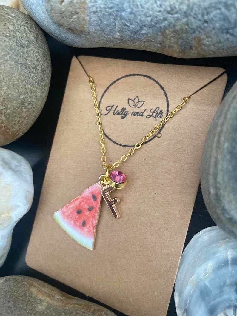 Watermelon Fruit Slice, Personalised Pendant Charm Necklace, Alphabet Initials, Birthstone Charms, First Necklace, Cute Unique Gift For Her image 6