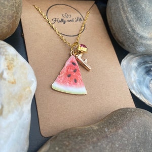 Watermelon Fruit Slice, Personalised Pendant Charm Necklace, Alphabet Initials, Birthstone Charms, First Necklace, Cute Unique Gift For Her image 2