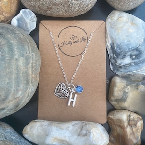 Personalized Heart Pendant Necklace: Initial & Birthstone Charm, Silver Plated