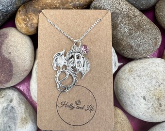 Personalized Dragon Pendant Necklace: Initial & Birthstone Charm