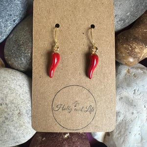 Puede incluir: Un par de pendientes de chile rojo con ganchos dorados. Los pendientes se muestran en una tarjeta marrón con el texto "Holly and Lili" en un círculo.