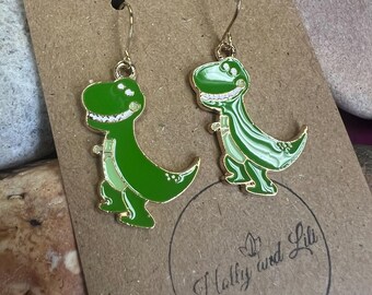 Dinosaur Earrings: Gold Trim Dino Novelty Earrings