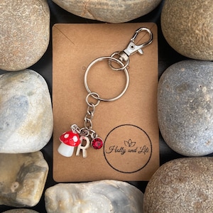 Red Mushroom Keychain: Personalized Initial & Birthstone Charm