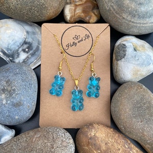 Gummy Bear Novelty Necklace & Earring Set in Blue, Blue Gummy Bear Earrings, Blue Teddy Bear Necklace, Bear Jewellery Set, Novelty Gift Set