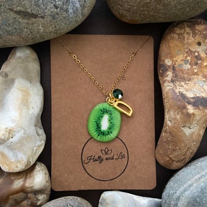 Kiwi Oval Fruit Slice, Personalised Pendant Charm Necklace,  Alphabet Initials, Birthstone Charms, First Necklace, Unique Gift For Daughter