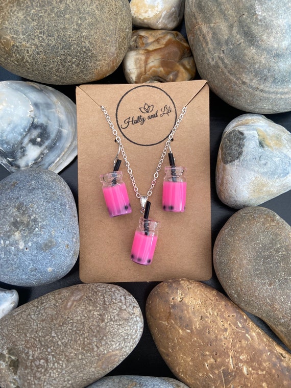 Bubble Tea Novelty Necklace Earring Dark Pink Set Boba Necklace and Earring Set Bubble Tea Gifts Boba Tea Milk Tea Bubble Novelty Etsy