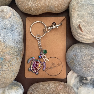 Turtle Style Personalised Keychain, Tortoise Keyring, Turtles Alphabet Initials, Birthstone Charm, Turtle Gifts, Turtles Zipper Chain