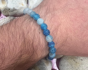 Blue Cracked Agate Gemstone Bracelet - Men's Larger Wrist, 20cm