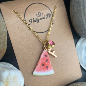 Watermelon Fruit Slice, Personalised Pendant Charm Necklace, Alphabet Initials, Birthstone Charms, First Necklace, Cute Unique Gift For Her image 4