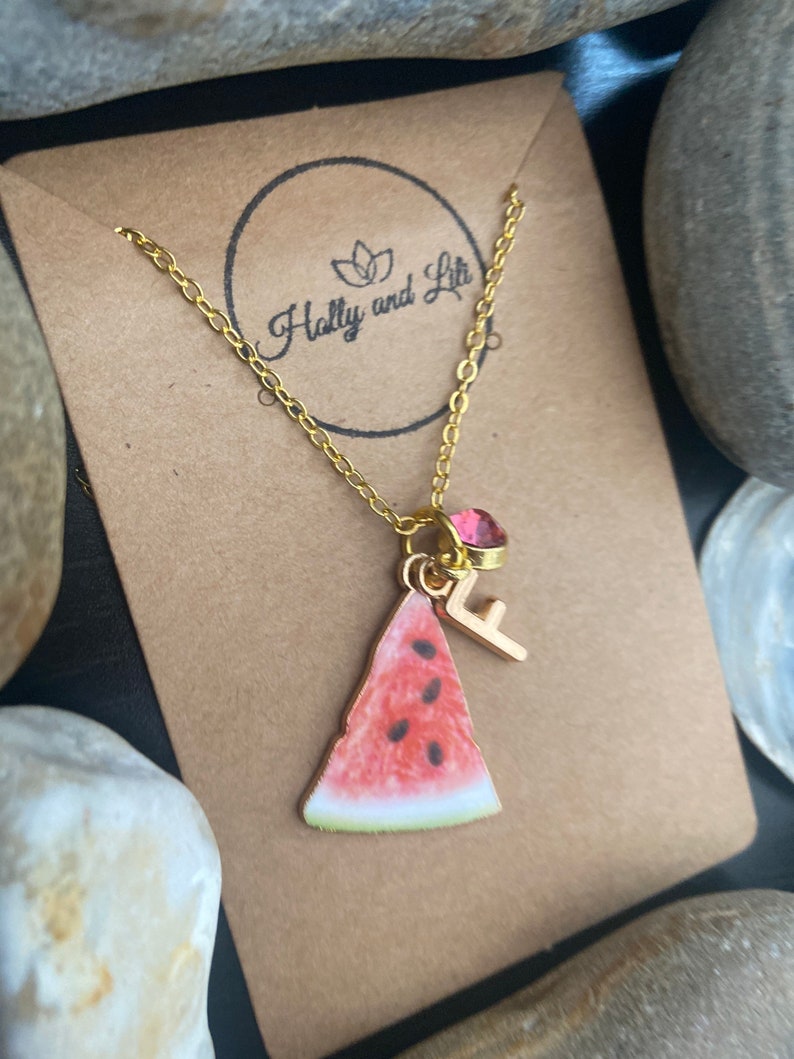 Watermelon Fruit Slice, Personalised Pendant Charm Necklace, Alphabet Initials, Birthstone Charms, First Necklace, Cute Unique Gift For Her image 4