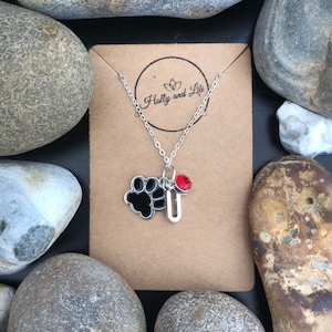 Paw Print Animal Personalised Pendant Charm Necklace, Alphabet Initials,  Birthstone Charm, Black Dog Print, Animal Lover, Doggy Gift, Cute