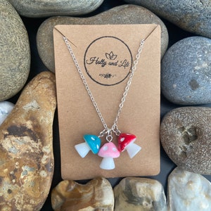 Mushroom 3 Charm Necklace, 8 Colours, Personalised Novelty Mushroom Pendant Necklace, First Necklace, Cute Unique Gifts, From Holly And Lili