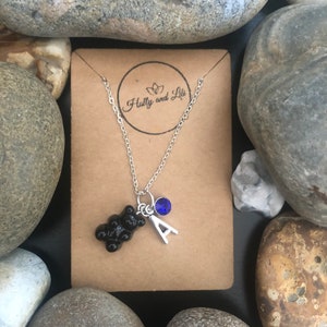 Gummy Bear Black Personalised Pendant Charm Necklace, Alphabet Initials, Birthstone Charm, Novelty Teddy Bear Chain, Cute Gift For daughter