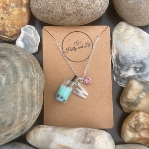 Bubble Tea Boba Light Blue Personalised Pendant Charm Necklace, Alphabet Initials, Birthstone Charm, Blue Novelty Boba Milkshake, Gifts for