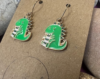 Personalized Dinosaur Earrings: Gold Trim Dino Novelty Gift