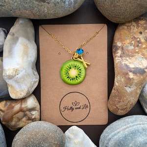 Kiwi Round Fruit Slice, Personalised Pendant Charm Necklace,  Alphabet Initials, Birthstone Charms, First Necklace, Unique Gift For Daughter