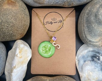 Cucumber Slice, Personalised Pendant Charm Necklace, Alphabet Initials, Birthstone Charm, First necklace, Cute Unique Gifts, Daughters Gift