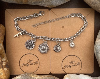 Sunflower Bracelet, Alphabet Initial Bracelet, Birthstone Bracelet, Initial Bracelet, Flower Anklet, Flowers Bracelet, Personalised Bracelet