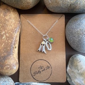 Ghost Personalised Pendant Charm Necklace, Alphabet Initials,  Birthstone Charm, Ghosts Necklace, Spooky Gifts, Ghostly Necklace Gift For