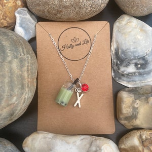 Boba Tea Pendant Necklace: Light Green Charm, Initial & Birthstone