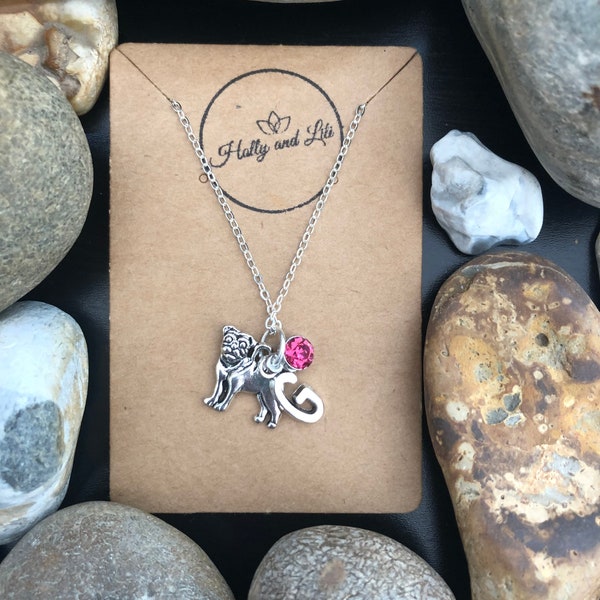Pug Personalised Pendant Dog Charm Necklace, Alphabet Initials,  Birthstone Charm, Dogs, BBF, Pet Lover, Dog Lovers, Canine Cute Unique Gift