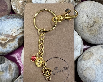 Treble Clef Keychain: Personalized Music Note Initial, Birthstone Charm