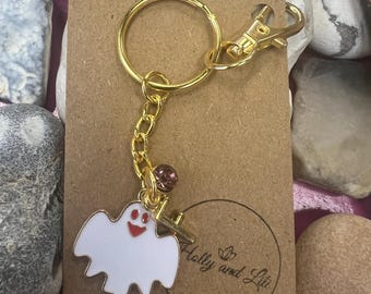 Personalized Ghost Keychain: Initial & Birthstone Charm, Spooky Gift