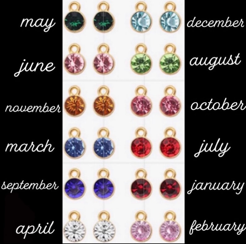 May include: Twelve gold charms with different coloured rhinestones representing the months of the year. The charms are arranged in four rows of three charms each. The months are labelled in text on the right side of the image. The months are: May, June, November, March, September, April, December, August, October, July, January, February.