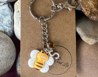 Bee Keychain: Personalized Initial & Birthstone Charm