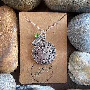 Clock Personalised Pendant Charm Necklace, Alphabet Initials,  Birthstone Charm, Clocks Necklace, Time Gifts, Watch Necklace, Clocks Gifts