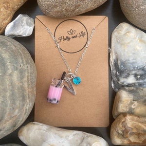 Bubble Tea Boba, Light Pink, Personalised Pendant Charm Necklace, Alphabet Initials, Birthstone Charm, First Necklace, Cute Gift For Her,