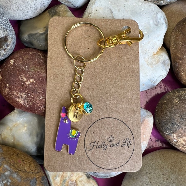 Llama Purple Style Personalised Keychain, Keyring Alphabet Initials, Llamas, Llama Keyring, Birthstone Charm, Animal Zipper