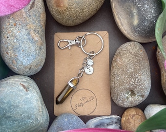 Tigers Eye Hexagon Keychain: Initial Charm, Birthstone Keyring Gift