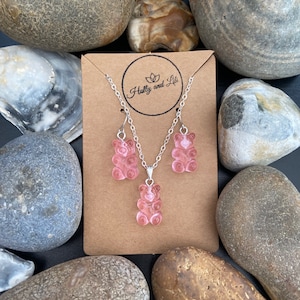Gummy Bear Novelty Matching Necklace & Earring Set in Pink, Pink Gummy Bear Necklace, Pink Gummy Bear Earrings, Personalised Gummy Bear Gift