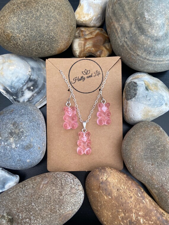 ピンクのグミベアネックレス＆イヤリングセット：ノベルティジュエリー