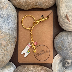 Lama-weiße Art personalisierte Schlüsselbund, Lama-Schlüsselring, Lama-Alphabet-Initialen, Birthstone-Charme, Lama-Geschenke, Lama-Reißverschluss-Kette