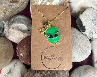 Alien Necklace, Personalised Pendant Charm Necklace, Alphabet Initials, Birthstone Charm, Extraterrestrials, Aliens Gifts, Mashan Gift