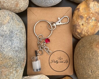 Personalized Bubble Tea Keychain: Initial & Birthstone Charm