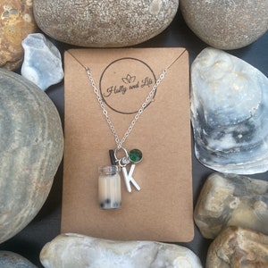 Bubble Tea Boba Peach Personalised Pendant Charm Necklace, personalise Alphabet Initials, Birthstone Month Charm, First necklace, Cute Gifts