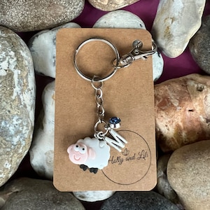 May include: A white sheep keychain with a blue rhinestone and the letter "M" charm. The keychain is attached to a silver key ring and a silver chain. The keychain is on a brown card with the text "Holly and Lili" printed on it.
