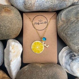 Lemon Fruit Slice, Personalised Pendant Charm Necklace, Alphabet Initials, Birthstone Charm, First Necklace, Cute Unique Gifts and Presents