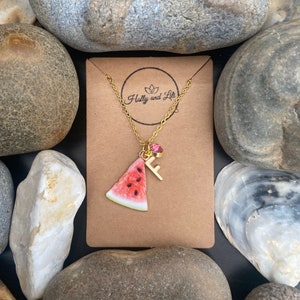 Watermelon Fruit Slice, Personalised Pendant Charm Necklace, Alphabet Initials, Birthstone Charms, First Necklace, Cute Unique Gift For Her