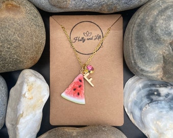 Watermelon Fruit Slice, Personalised Pendant Charm Necklace, Alphabet Initials, Birthstone Charms, First Necklace, Cute Unique Gift For Her