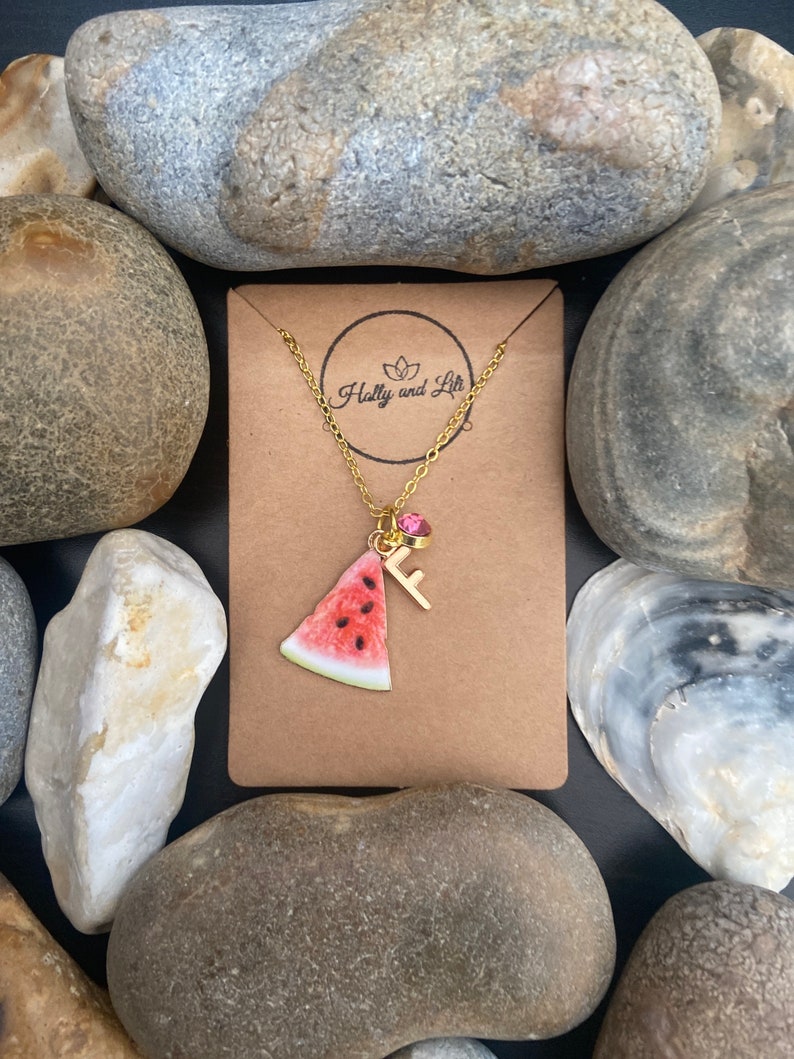Watermelon Fruit Slice, Personalised Pendant Charm Necklace, Alphabet Initials, Birthstone Charms, First Necklace, Cute Unique Gift For Her image 1