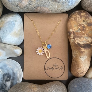 Daisy Personalised Pendant Flower Charm Gold Necklace, Alphabet Initials,  Birthstone Charm,  Flowers Gift, Life, Grow, Pretty Daisies