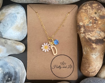 Daisy Personalised Pendant Flower Charm Gold Necklace, Alphabet Initials,  Birthstone Charm,  Flowers Gift, Life, Grow, Pretty Daisies