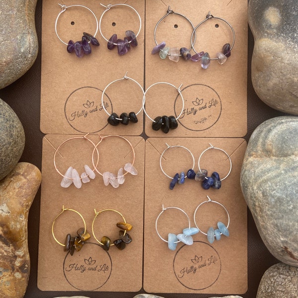 Crystal Hoop Earrings: Sodalite, Amethyst, Rose Quartz, Obsidian