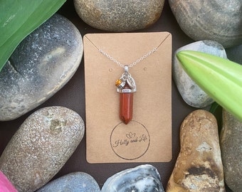 Red Jasper Hexagon Necklace: Initial Charm, Silver Plated Chain