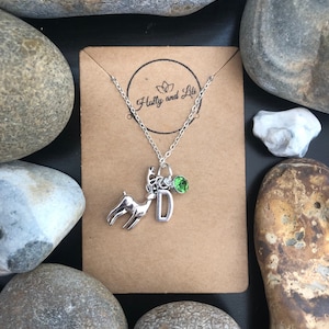 Deer Stag Personalised Animal Pendant Charm Necklace, Alphabet Initials, Birthstone Charm, Bambi, Deers, Wild Animal, Unique Gift For Her