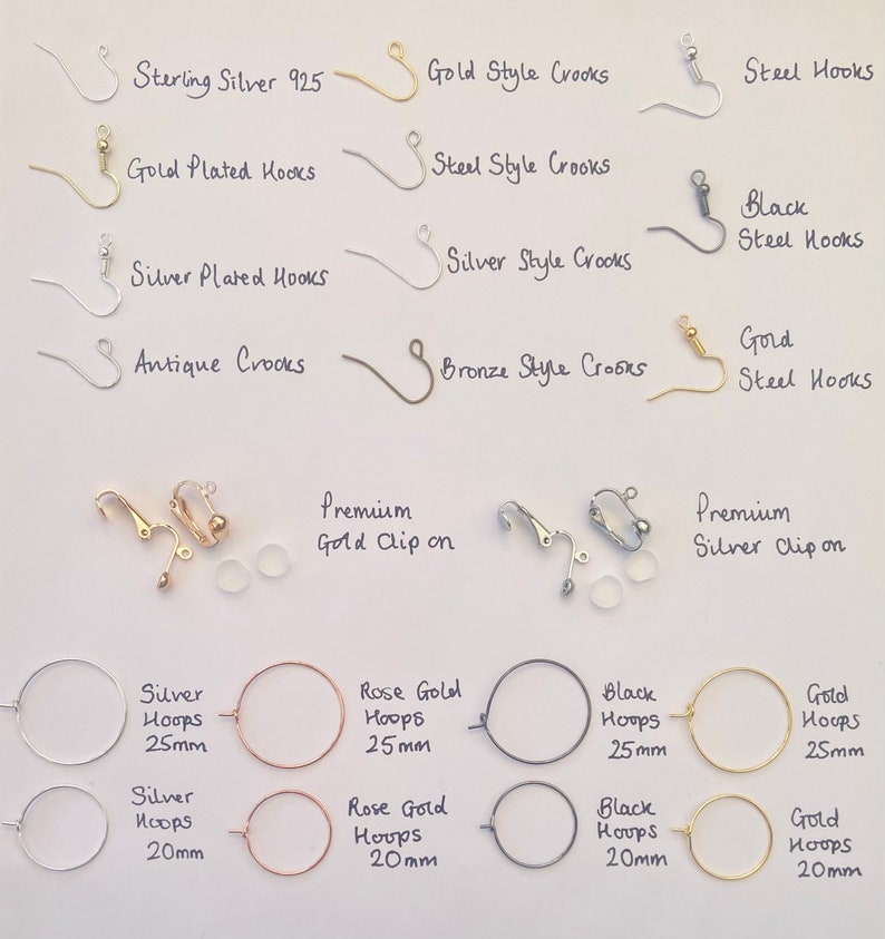May include: Assortment of earring findings and hoops in various styles and finishes, including sterling silver, gold plated, antique, bronze, and black steel.  Hoops are available in 20mm and 25mm sizes.  Premium gold and silver clip-on earring findings are also included.